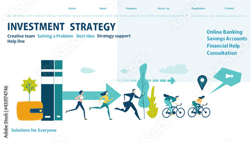 Business people running and cycling. Flat design website or app page template. Financial services, banking, strategic planning, development, business solutions, consulting, data analyse