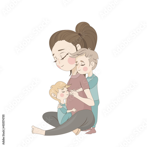 vector illustration of a mom hugging her sons