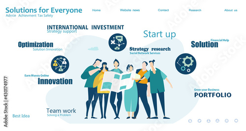 Young people reading news paper. Flat design website or app page template. Financial services, banking, strategic planning, development, business solutions, consulting, data analyse