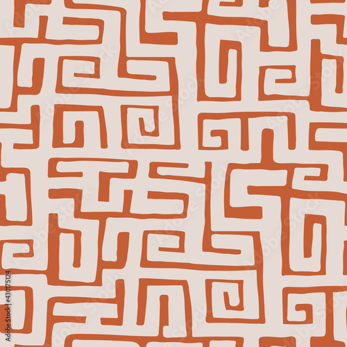 African hand drawn ethnic style vector seamless pattern. Kuba geometric textile swatch. Trendy boho tribal tile.