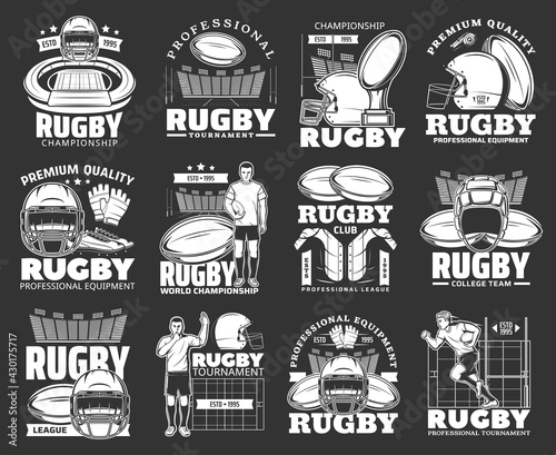 Rugby sport tournament retro icons. Rugby player running with ball, sport arena or stadium, helmet, athlete protective outfits and equipment, championship winner cup, rugby referee blowing in whistle