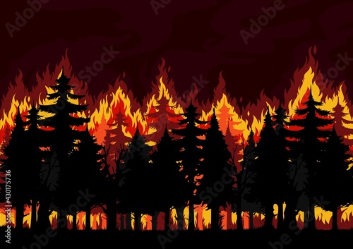 Forest fire background, burning spruce, pine trees vector silhouettes. Natural disaster, ecological catastrophe and environment pollution, climate changes and global warming problem backdrop