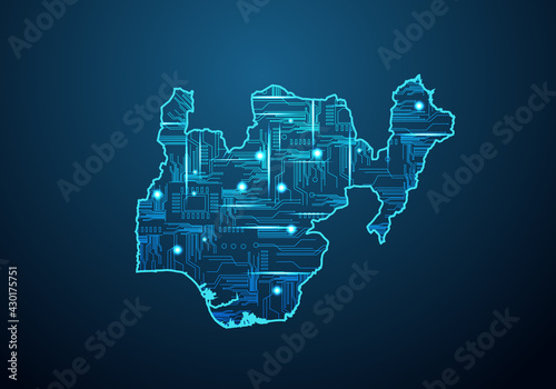 Abstract futuristic map of nigeria. Circuit Board Design Electric of the region. Technology background. mash line and point scales on dark with map.