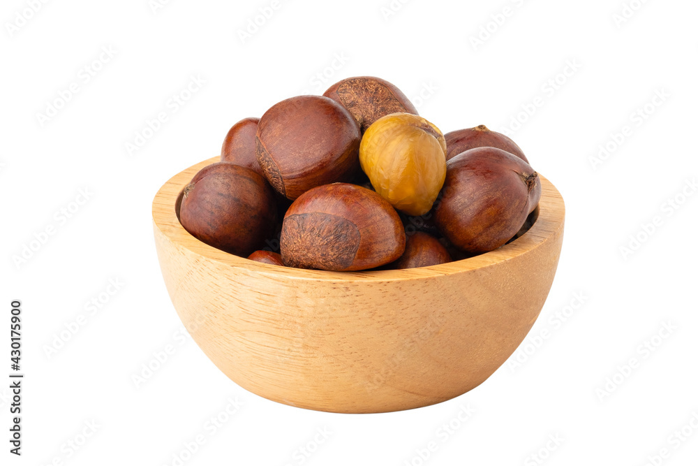 Roasted chestnuts in wooden bowl isolated on white background with Clipping Path. Roasted chestnuts in wooden bowl isolated on white background with Clipping Path.