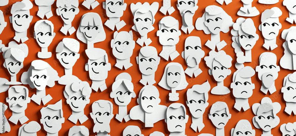 Lots of people's faces made of paper. Happy and upset people. Paper cut design 3D render Lots of people's faces made of paper. Happy and upset people. Paper cut design 3D render