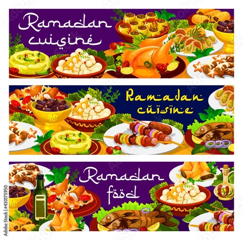 Ramadan food, Iftar biryani and Eid Mubarak meals, Islam menu dishes, vector banners. Ramadan Kareem traditional Iftar food and religious fasting cuisine food, shortbread with hummus and kunafa dates