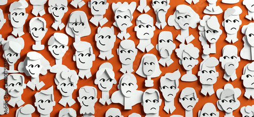 Lots of people's faces made of paper. Happy and upset people. Paper cut design 3D render