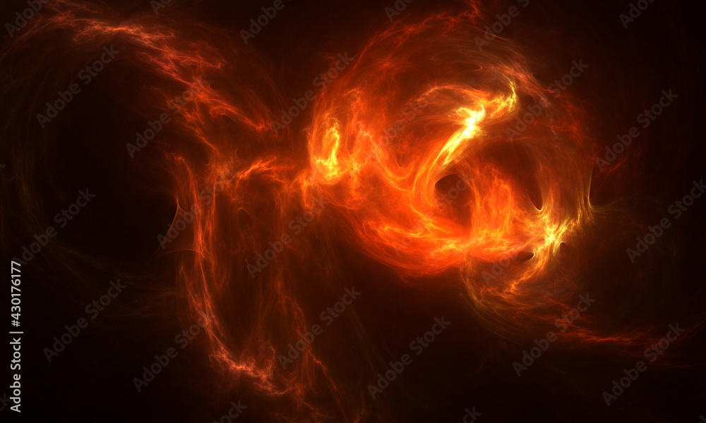 Fiery cloud on black. Fire ball rushing. Magic and fantastic artistic digital composition. Fractal illustration. Great as backdrop, banner, cover, poster or print.
