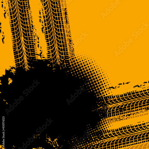 Car tire rubber marks vector background. Motorsport or transport industry, rally off-road race grunge background with vehicle wheel dirty treads, truck protector traces and black paint or dirt spot