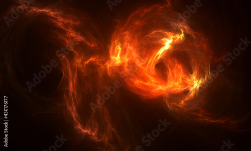 Fiery cloud on black. Fire ball rushing. Magic and fantastic artistic digital composition. Fractal illustration. Great as backdrop  banner  cover  poster or print.