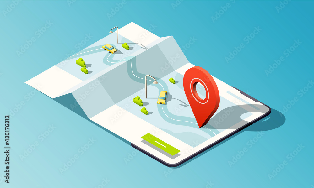 Isometric phone with map application, road, traffic, taxi cars and location pin. Isometric phone with map application, road, traffic, taxi cars and location pin.