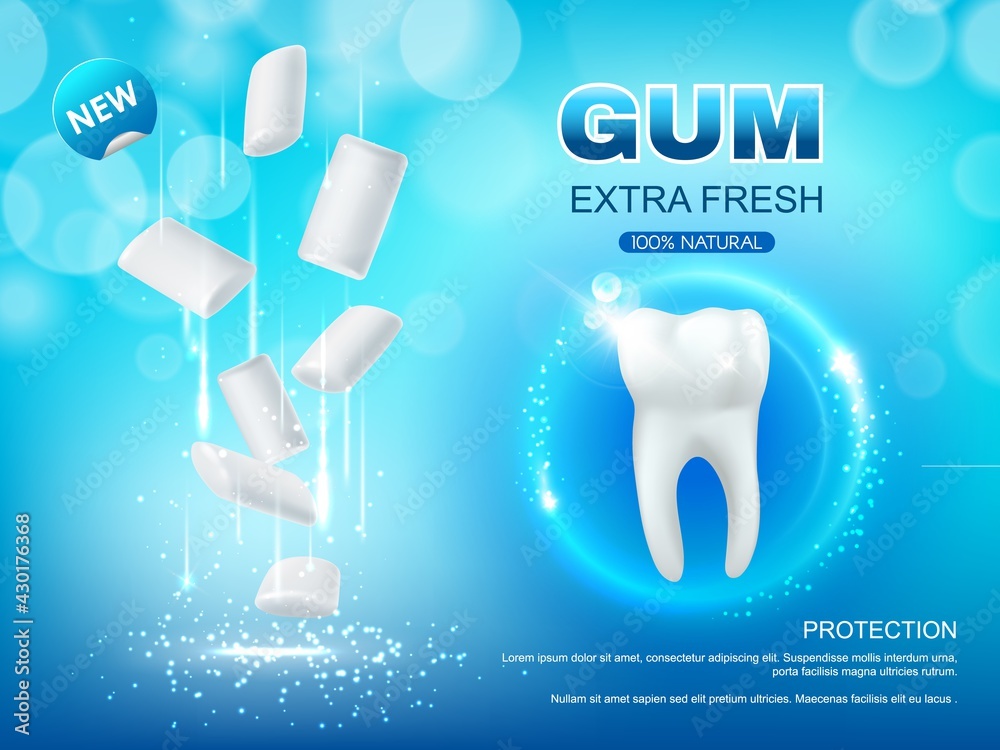 Extra fresh chewing gum vector design of dental hygiene. Realistic 3d pads of mint bubble gum and white healthy tooth with swirls of sparkles and bokeh lights, advertising or promotion poster Extra fresh chewing gum vector design of dental hygiene. Realistic 3d pads of mint bubble gum and white healthy tooth with swirls of sparkles and bokeh lights, advertising or promotion poster