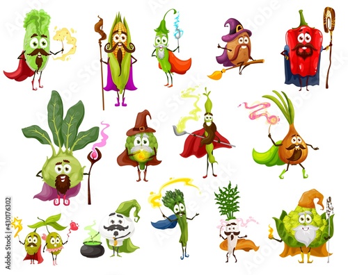 Vegetable magician, witch, wizard and fairy cartoon characters. Vector pepper, onion, daikon and beans, olive, mushroom, asparagus and corn, chinese cabbage and romanesco cauliflower with magic wands