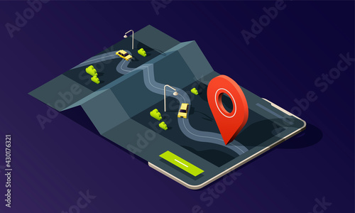 Isometric phone with map application, road, traffic, taxi cars and location pin on dark background.