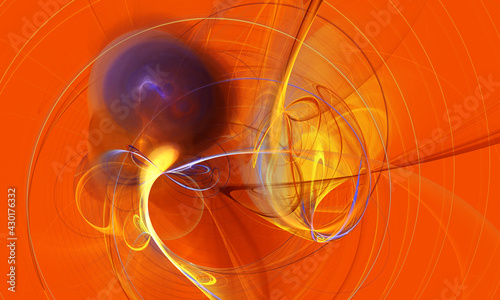 Vivid 3d composition of rushing purple yellow circles on bright orange background. Curls and twists swirling in funnel. Great as presentation backdrop, certificate or any other design element.