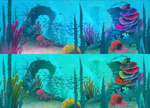 Fototapeta Naklejka Na Ścianę i Meble -  Ocean or sea underwater background with cartoon vector fish, coral reef and sea bottom, blue water, octopus, mollusk and sea shells. Marine wildlife, game ui, seascape, environment and ecology design