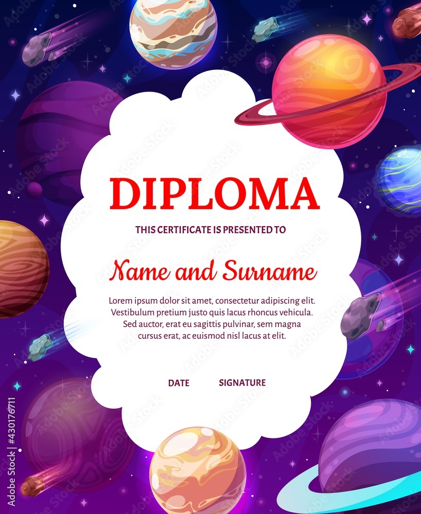 Kids diploma with space, cartoon planets in galaxy. Vector certificate ...