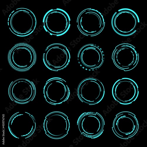 HUD round frames or borders, vector sci fi circular neon elements for UI interface. Futuristic glowing circles, buttons for computer game or app menu panel, modern design in techno HUD style