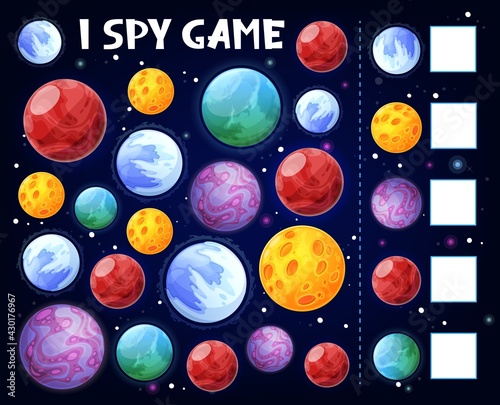 I spy game for kids, space planets boardgame or guess play, vector. Tabletop or board game for kid and children, I spy guessing puzzle riddle with planets, jigsaw entertainment and leisure games