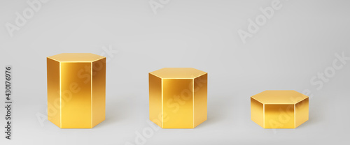 Gold 3d hexagon podium set with perspective isolated on grey background. Product podium mockup in hexagon shape, pillar, empty museum stages or pedestal. 3d basic geometric shape vector illustration