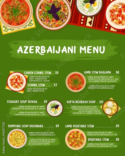 Azerbaijani cuisine vector menu template yogurt soup dovga, noodle meatball soup khamrashi, lamb vegetable stew. Grilled vegetables salad, kufta bozbash soup, dushbara and chicken cornel stew meals