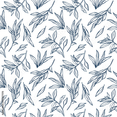 Blue vector floral leaves seamless pattern. Line art. Silhouette leaf hand drawn inks by brush on modern style. Decorative natural ornament for print textile, wrapping paper, fabrics, covers.