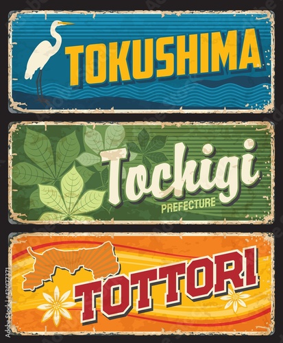 Tokushima, Tochigi and Tottori tin signs, Japan prefecture vector plates. Japanese region metal signs with official symbols, white heron bird, horse chestnut tree leaves and nashi pear blossom