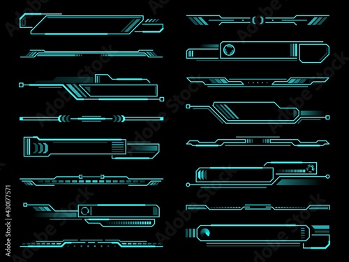 HUD futuristic info box, display and borders interface elements. Vector information screen panels, tech digital bars, neon colored ui design for game menu, ui and gui user app interface