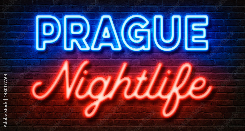 Neon sign on a brick wall - Prague Nightlife