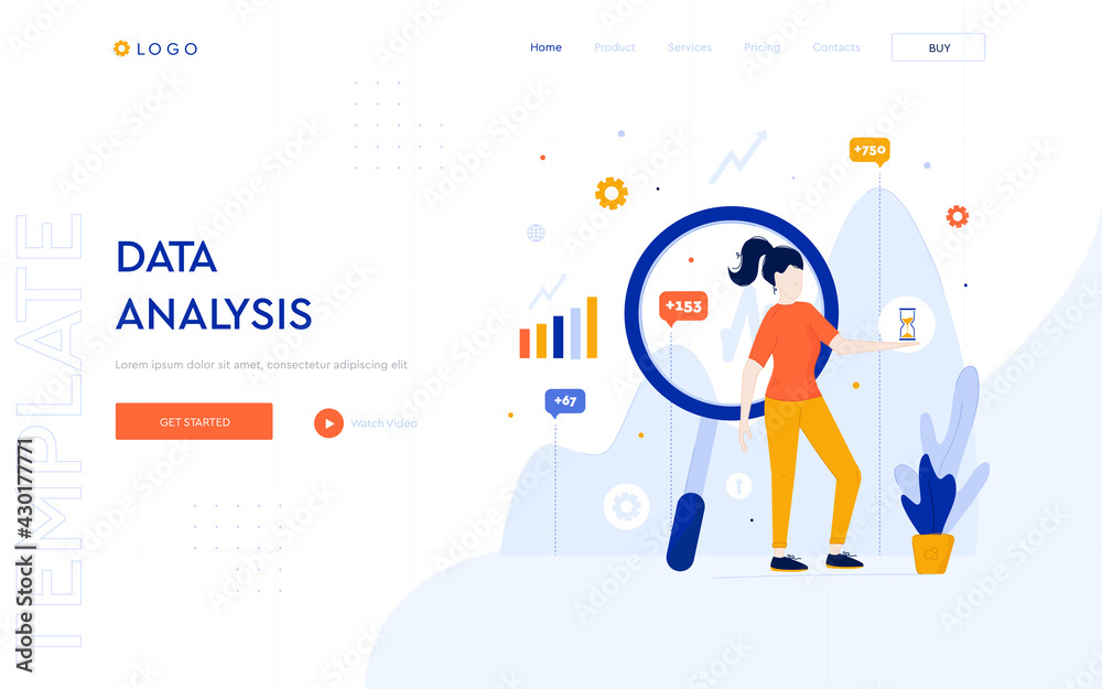 Data analysis concept website template. The girl analyzes the data and ...