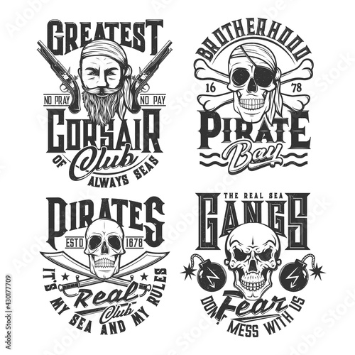 Sea pirate gangs t-shirt print with human skulls, crossed bones and sabers, corsair face, flintlock pistols and cannonballs or grenades with burning wick. Clothing custom design print vector templates