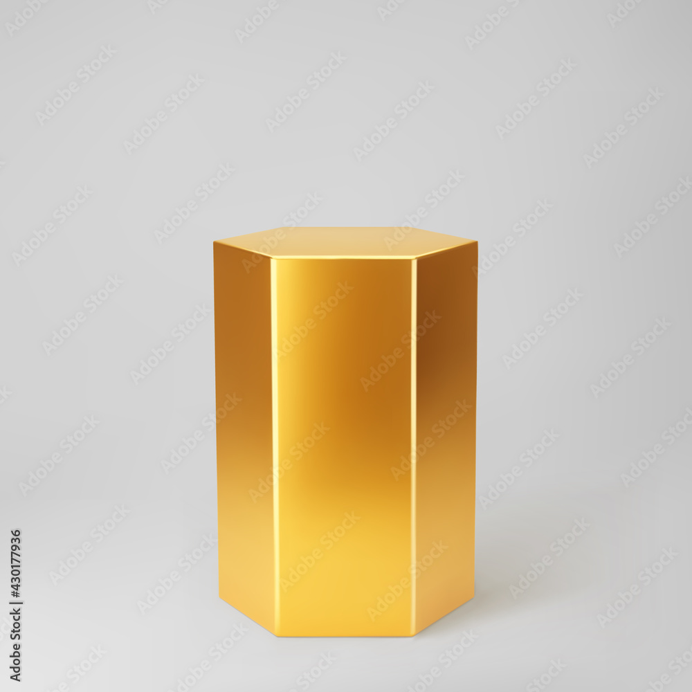 Gold 3d hexagon podium with perspective isolated on grey background. Product podium mockup in hexagon shape, pillar, empty museum stage or pedestal. 3d basic geometric shape vector illustration Gold 3d hexagon podium with perspective isolated on grey background. Product podium mockup in hexagon shape, pillar, empty museum stage or pedestal. 3d basic geometric shape vector illustration
