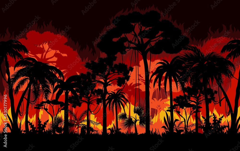 Wildfire in tropical forest vector background. Fire in jungles, ecological or natural disaster and climate changes effects, bushfire, environmental cataclysm. Trees and shrubs silhouettes in fire