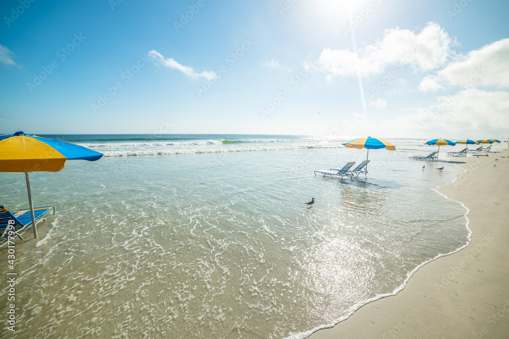 Beach chairs and parasols on Daytona Beach foreshore