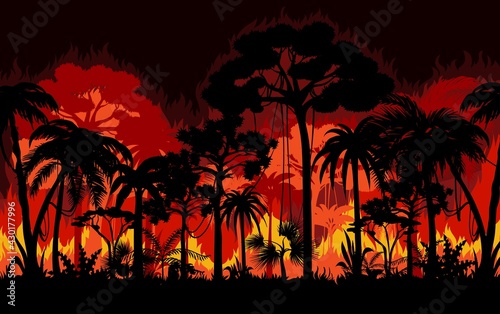 Wildfire in tropical forest vector background. Fire in jungles, ecological or natural disaster and climate changes effects, bushfire, environmental cataclysm. Trees and shrubs silhouettes in fire