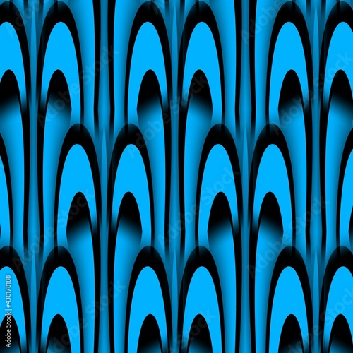 triple asymmetric trio curved concentric patterns in bright blue on a black background as wavy line designs