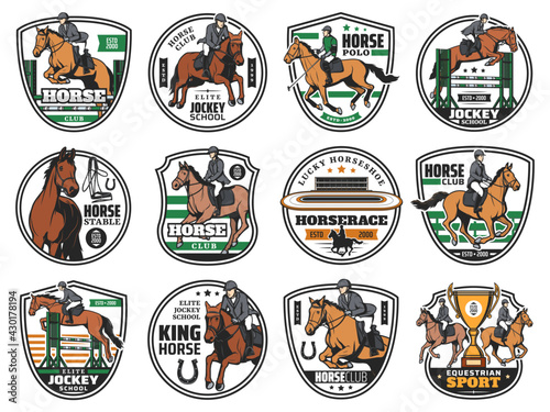 Horse races and jockey polo club emblems, equestrian sport rides, vector icons. Equine steeplechase championship, jockey school and hippodrome training, elite horse polo cup badges