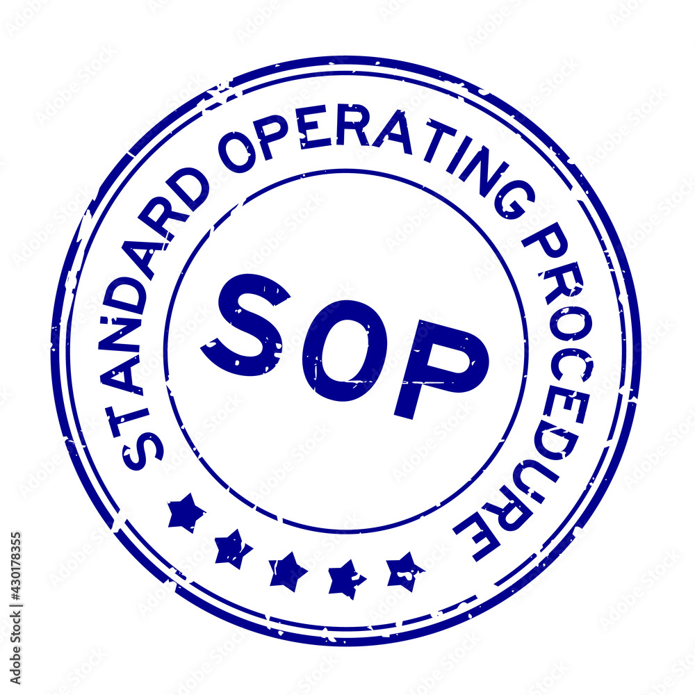 Grunge blue SOP Standard Operating Procedure word round rubber seal stamp on white background