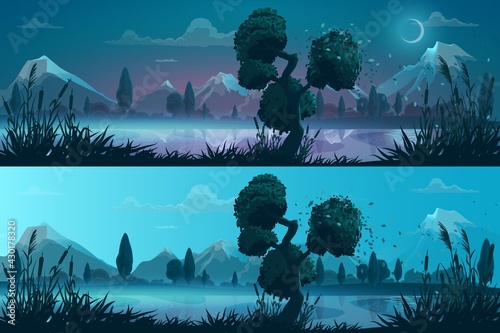 Night and day lake or river shore panorama landscape. Cartoon vector background with wind blows leaves from trees, grass and reeds on shore, mountain snowy peaks, fog above water and moon disk