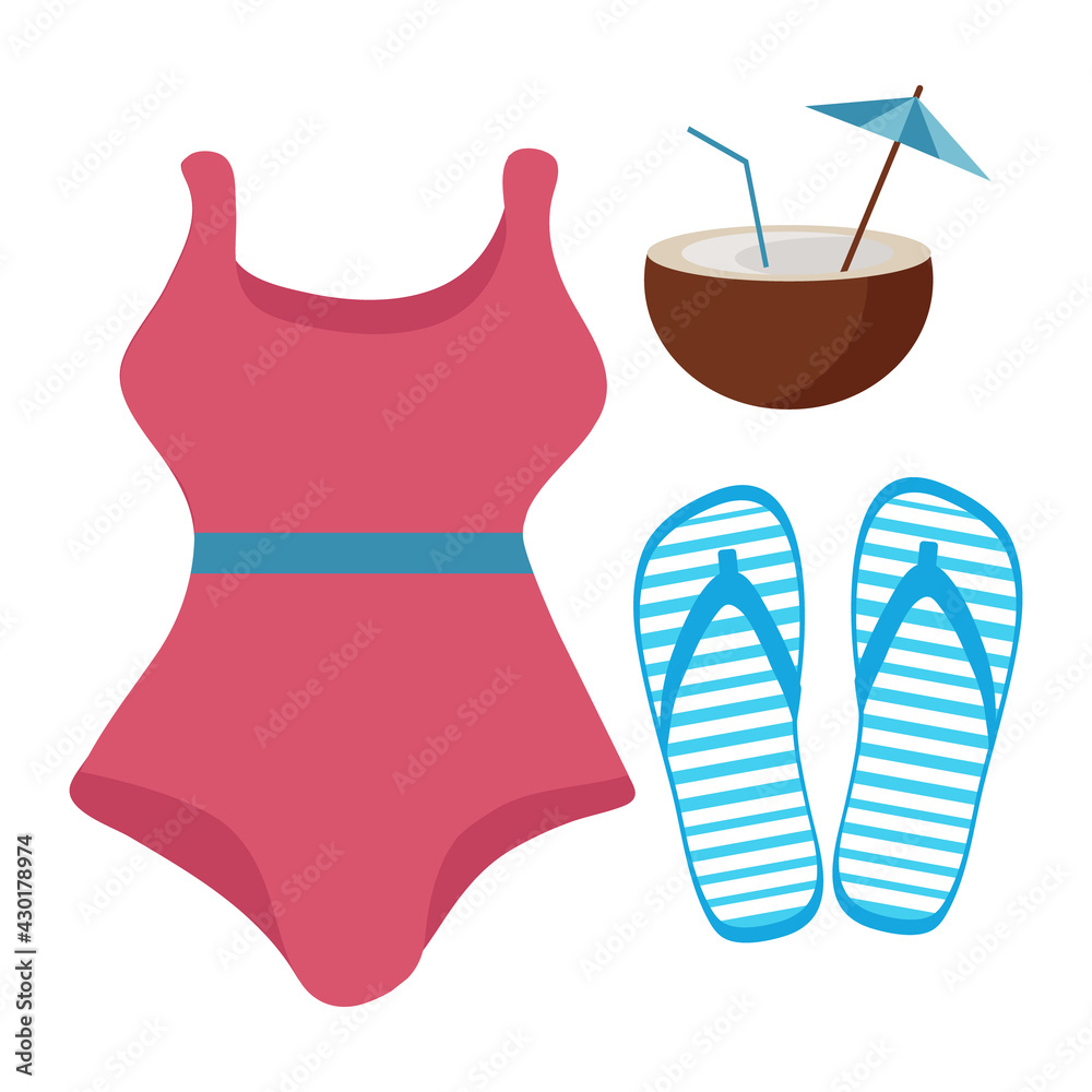 A set of items for relaxing in the summer of beach slippers, coconut cocktail and swimsuit