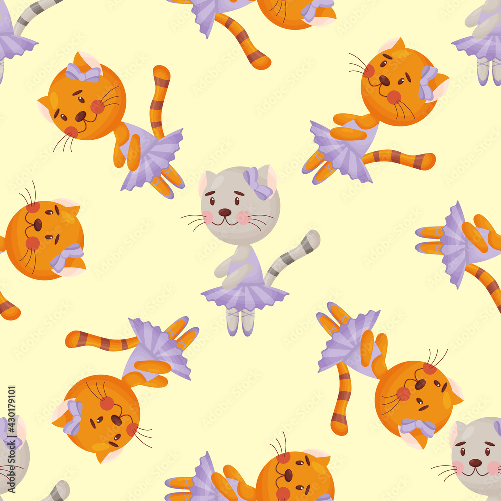 Vector seamless pattern in child style with a cat ballerina. Vector seamless pattern in child style with a cat ballerina.