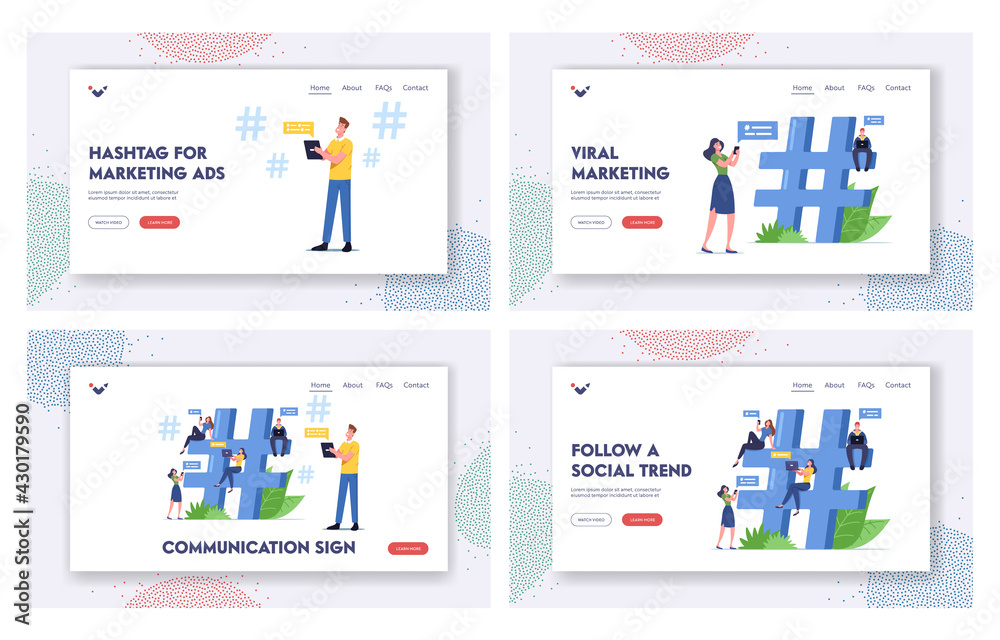 Communication Sign Landing Page Template Set. Tiny Characters with Digital Devices Texting, Send Messages Online