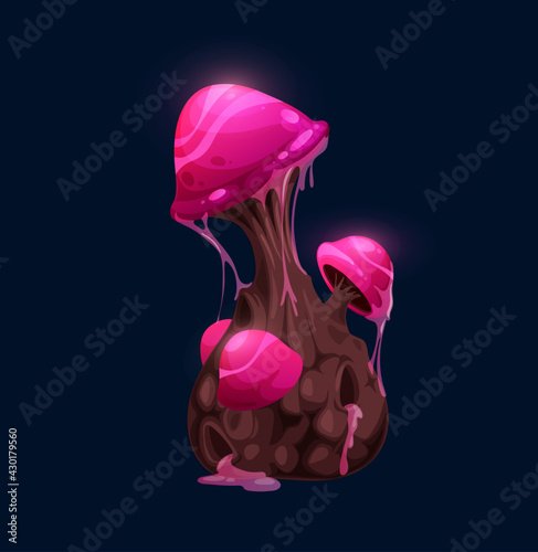 Fantasy magic twinkling pink mushroom. Cartoon vector fairytale fungus or alien planet live form, luminescent glowing, fantastic pink mushrooms covered slime, poisonous, radioactive or toxic fungi