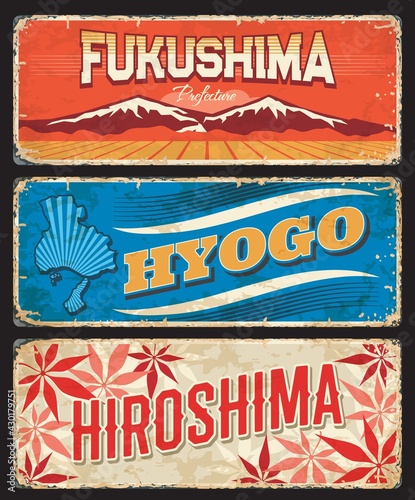 Fukushima, Hyogo and Hiroshima vector plates, Japan prefecture signs. Japanese region metal plates with Mount Bandai, maple leaves and territory silhouette. Asian travel destinations retro signs