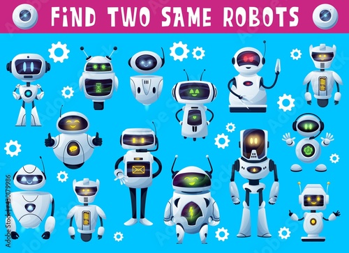 Kids game find two same robots, tabletop or board game puzzle, vector. Find two same robot droids or android chatbots, kids boardgame or entertainment riddle and brain activity game background