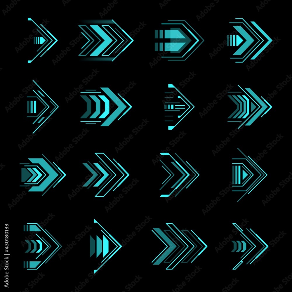 Hud arrows, futuristic navigation pointers, Sci Fi Ui interface vector elements. Futuristic neon glowing buttons for computer game or app menu, modern graphic design in digital techno style set