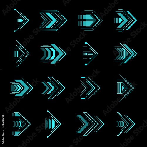 Hud arrows, futuristic navigation pointers, Sci Fi Ui interface vector elements. Futuristic neon glowing buttons for computer game or app menu, modern graphic design in digital techno style set