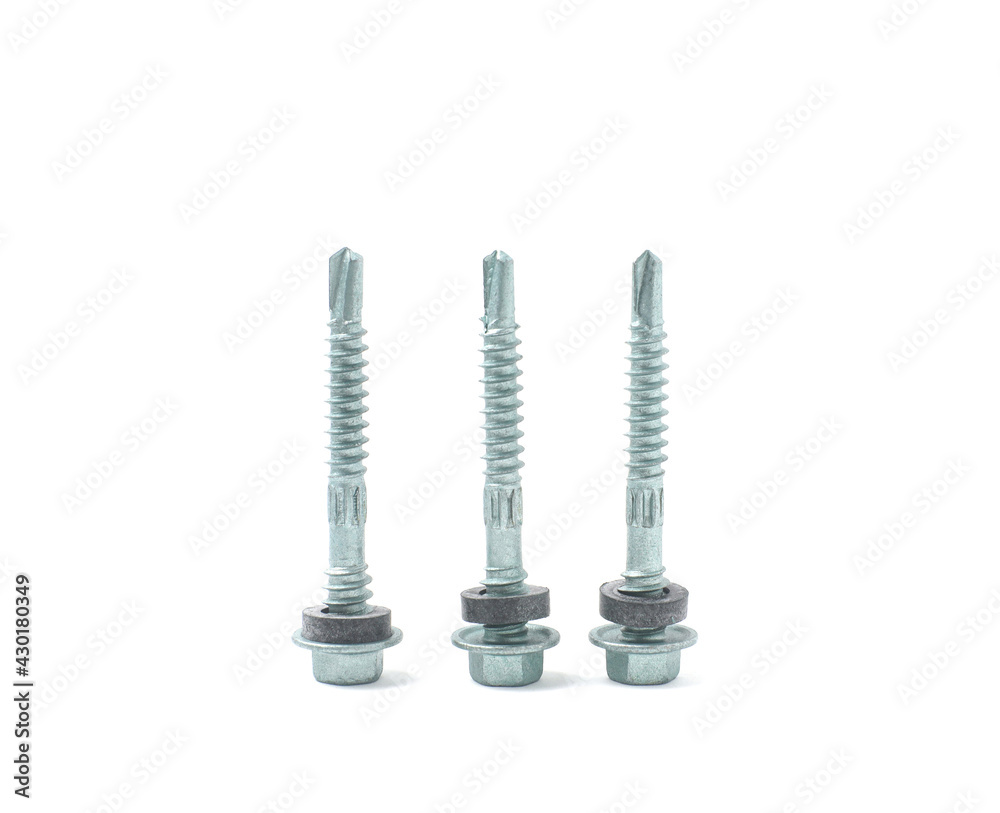 Close-up for mortar self-drilling screws made of chrome metal with black rubber. Isolated on white background Close-up for mortar self-drilling screws made of chrome metal with black rubber. Isolated on white background