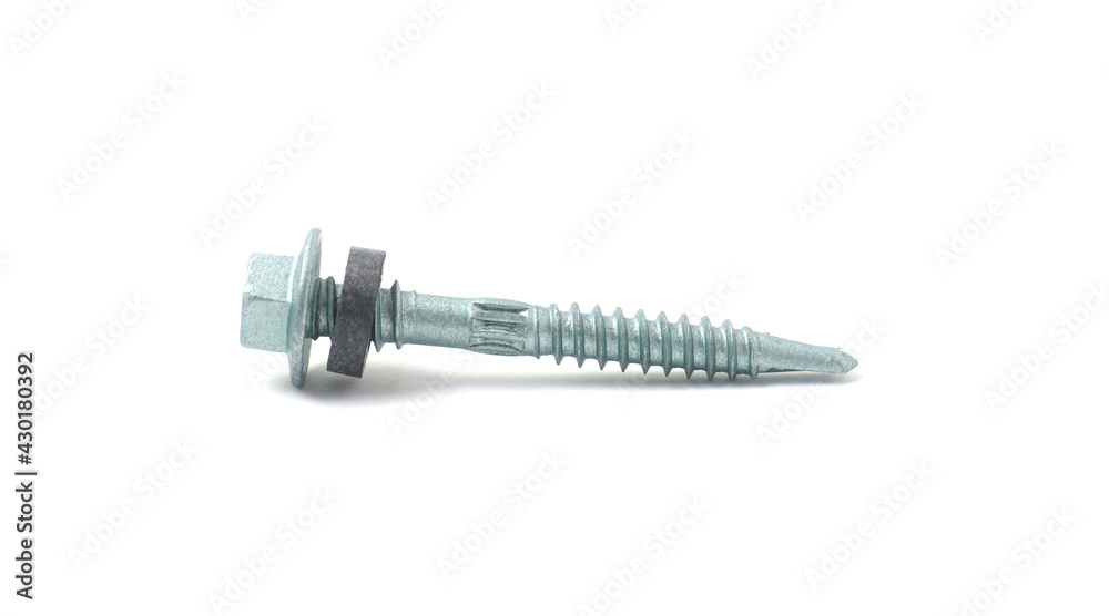Close-up for mortar self-drilling screws made of chrome metal with black rubber. Isolated on white background Close-up for mortar self-drilling screws made of chrome metal with black rubber. Isolated on white background