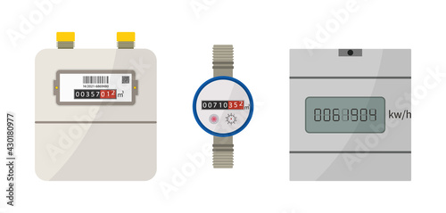 Meter of electric, gas and water. Counter box with display for measure consumption of electrician, water and gas. Equipment for home. Machine for control and economize energy. Data panel. Vector